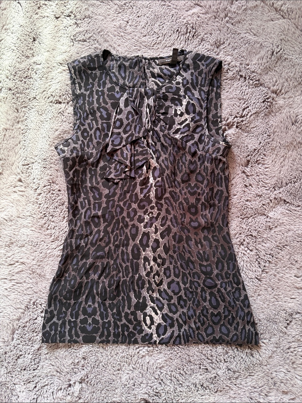 BCBGMaxazria Blue & Gray Silk Sleeveless Animal Print Blouse